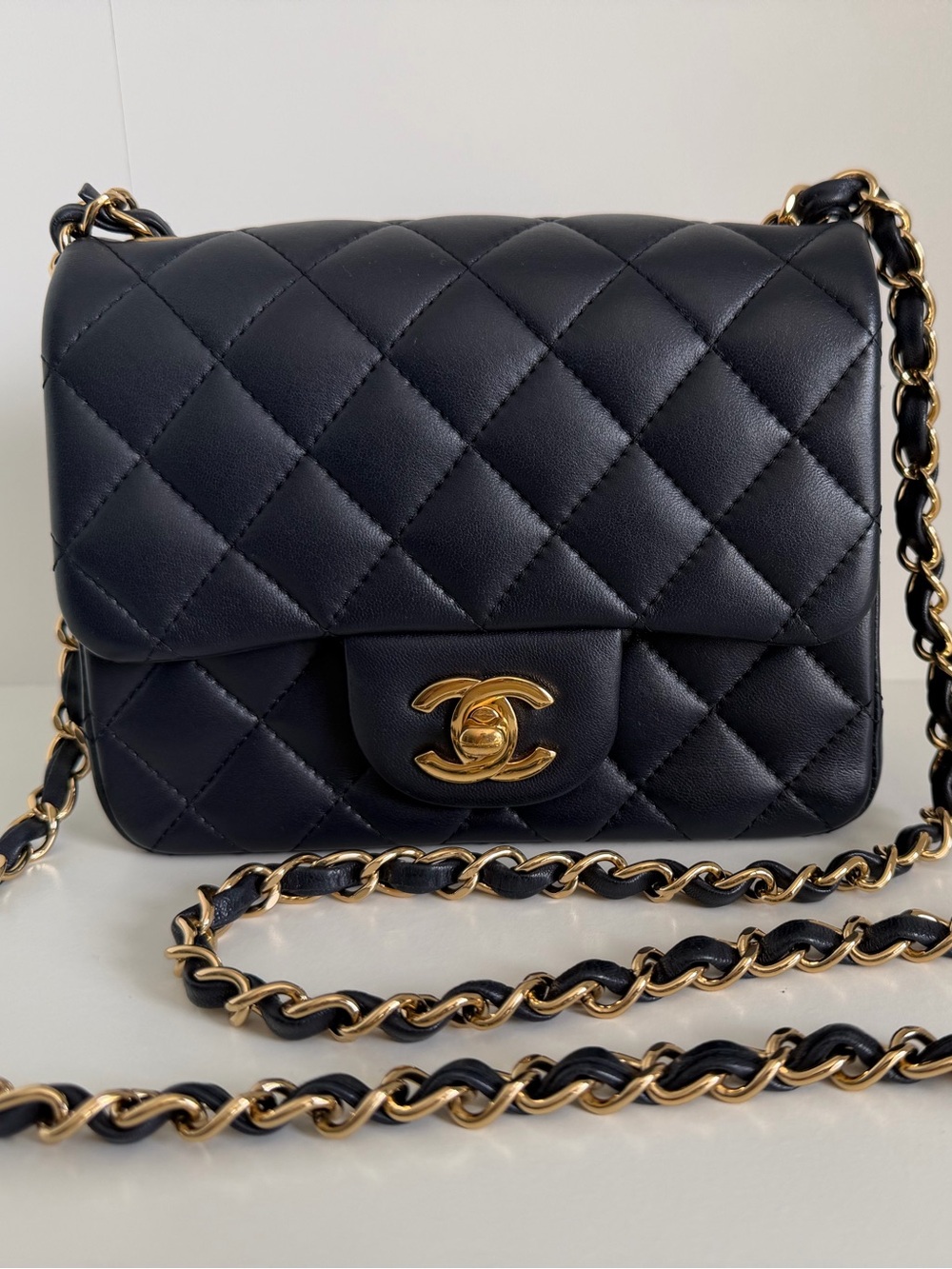 CHANEL Mini Square Flap Quilted Lambskin in Navy with Gold Hardware